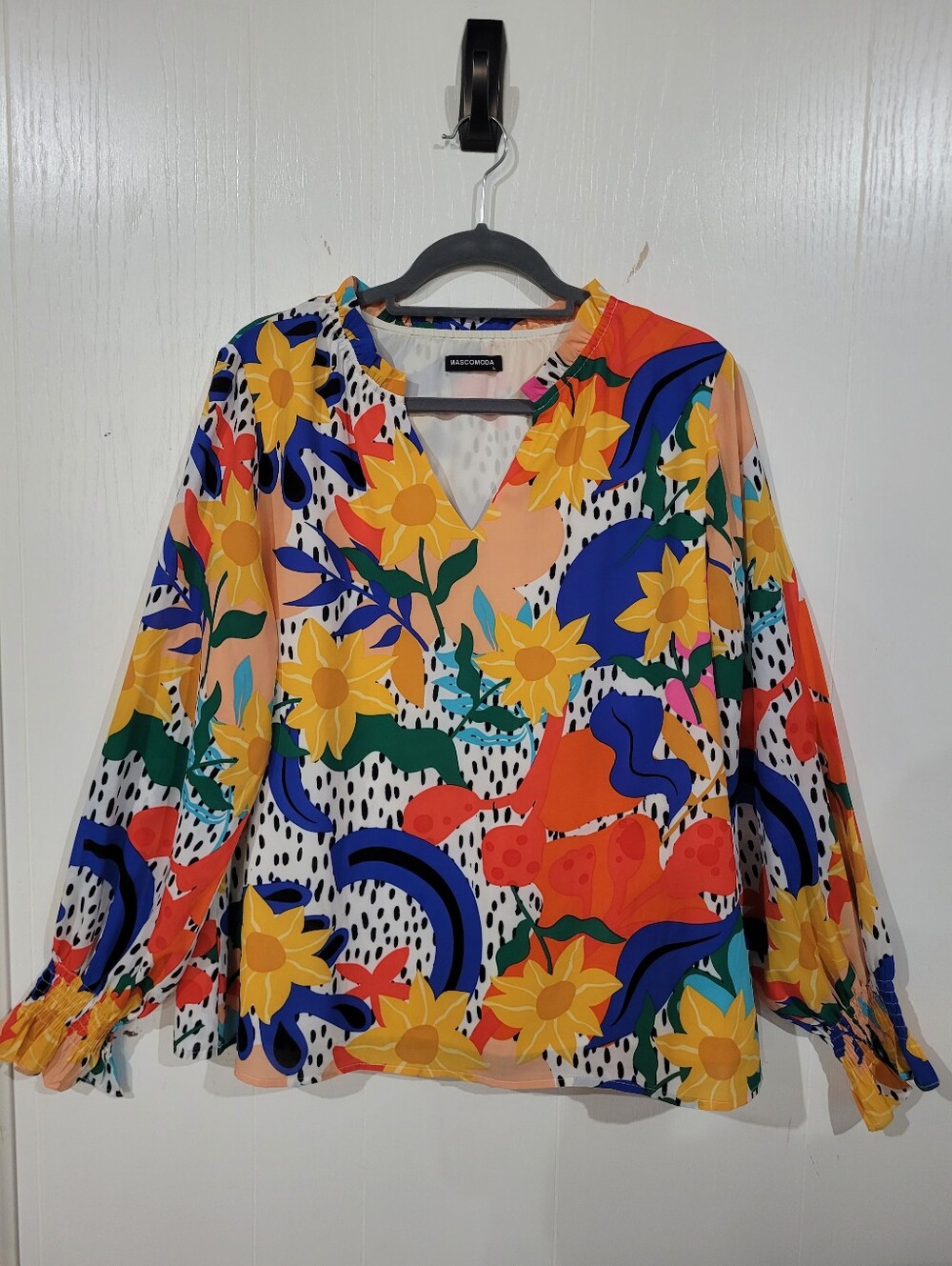 Mascomoda Bohemian Ruffled V-Neck Floral Print Ruched Cuff Blouse Size L